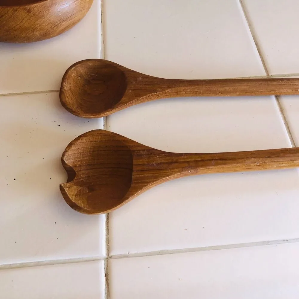 Vintage Dolphin Teak Wood Salad Bowl Set 7 Pc Mid Century Modern Thailand